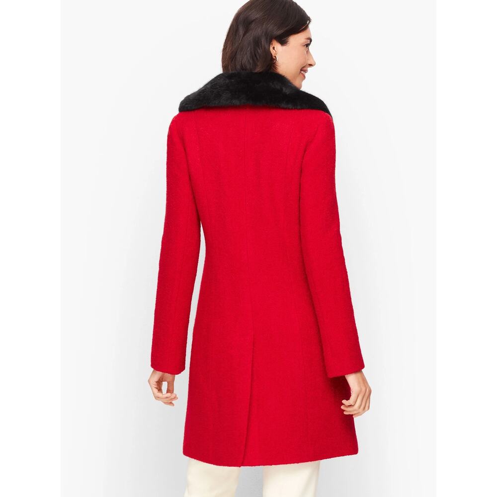 Talbots Red Bouclé Wool Dress Coat Black Faux Fur Collar Princess Large NWT $329 - Picture 2 of 13